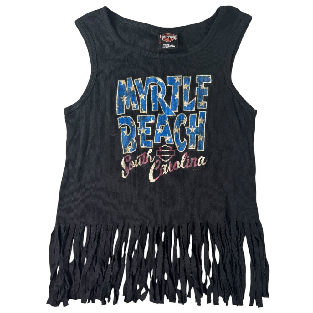 Vintage Harley Davidson Myrtle Beach Fringe Tank Top Women Medium Black USA Made